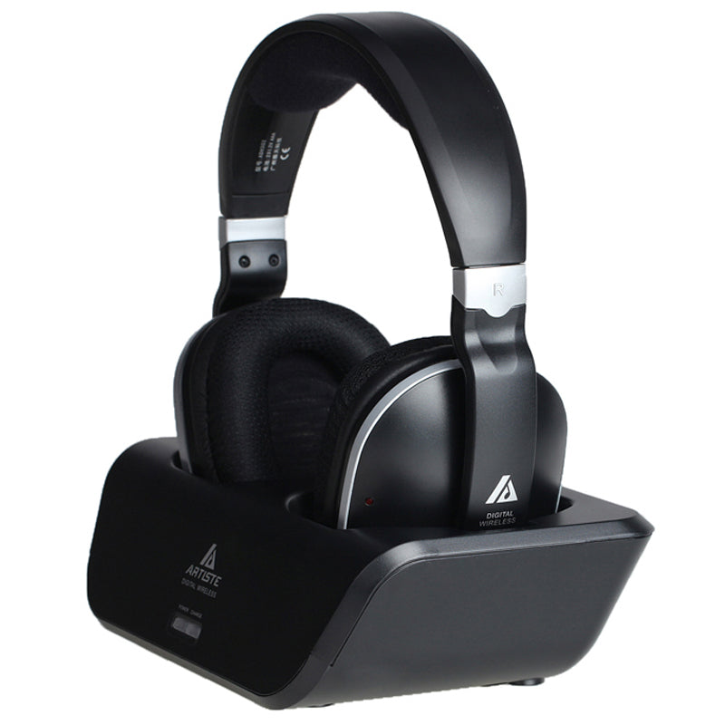 Black gaming headset on a charging stand with a white background