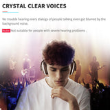 Person wearing headphones with a concert background, text about audio quality.