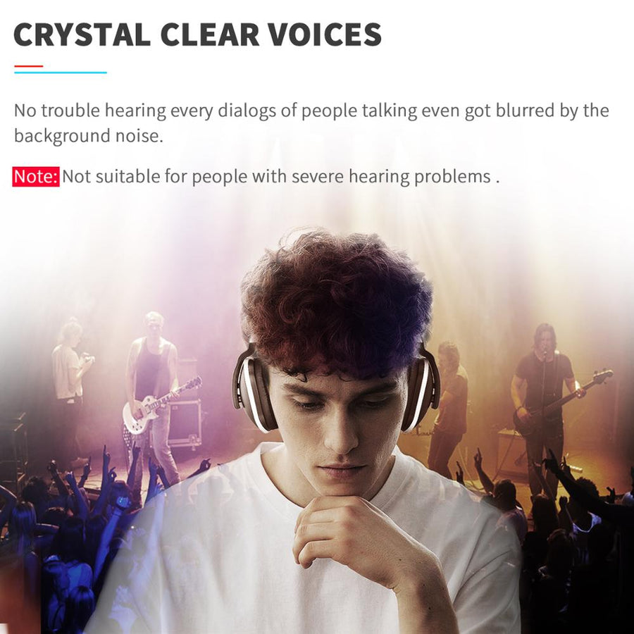 Person wearing headphones with a concert background, text about audio quality.