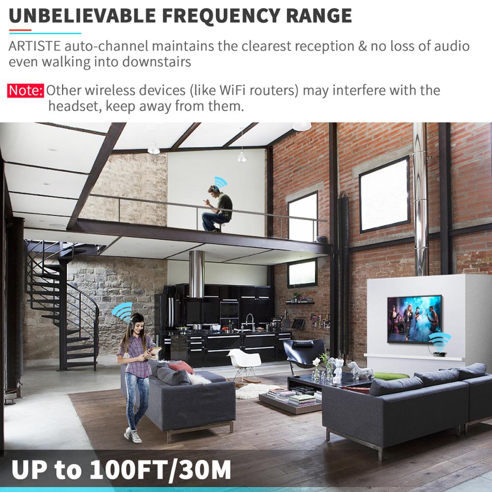 Modern living room with a person using a wireless headset, featuring text about an unbelievable frequency range.