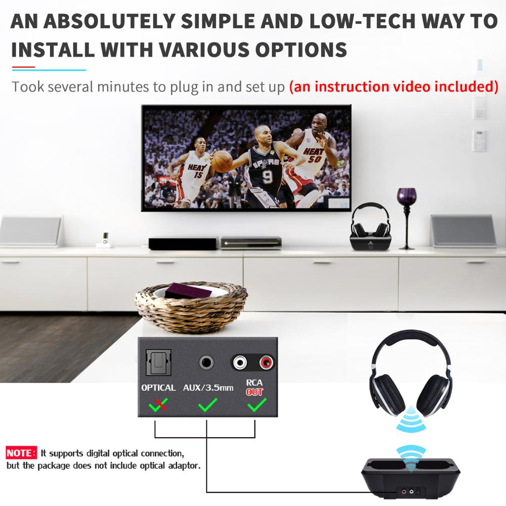 Living room setup with TV, audio equipment, and headphones, featuring text about installation process.