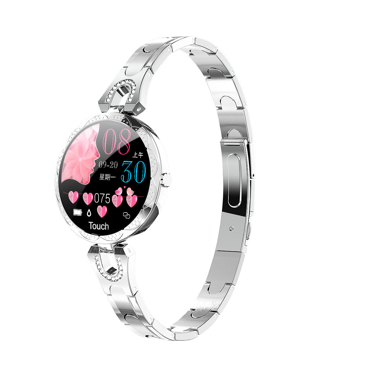Silver smartwatch with a colorful display on a white background