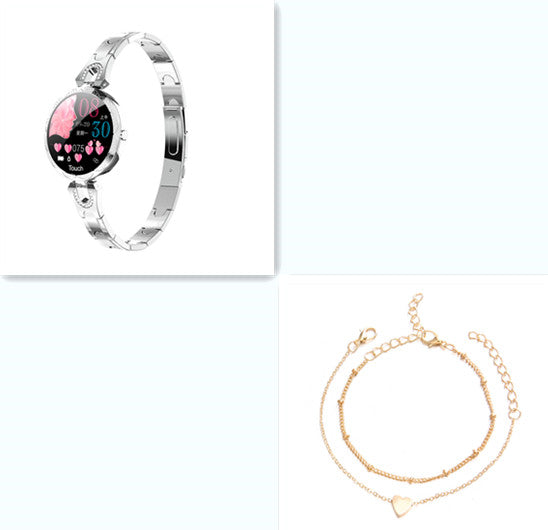 Smartwatch with a heart rate display on a white background, accompanied by a gold bracelet.