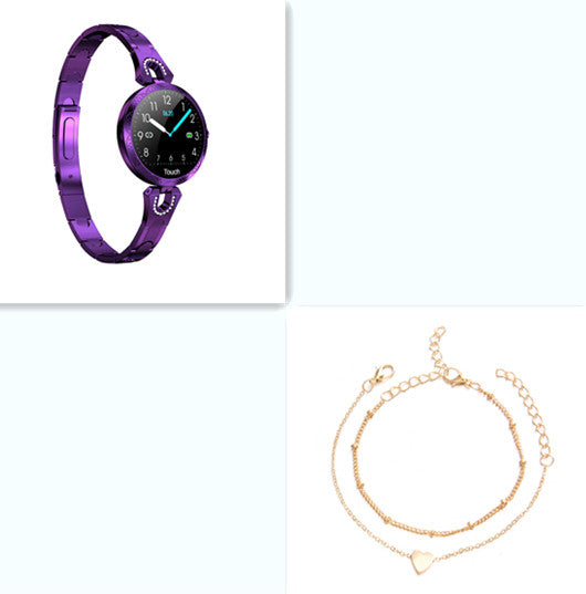 Purple smartwatch on a white background with gold bracelets on a light blue background