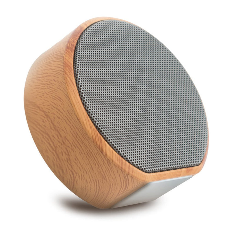 Wooden speaker with gray mesh on a white background