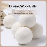 White wool balls for drying with text on a white background