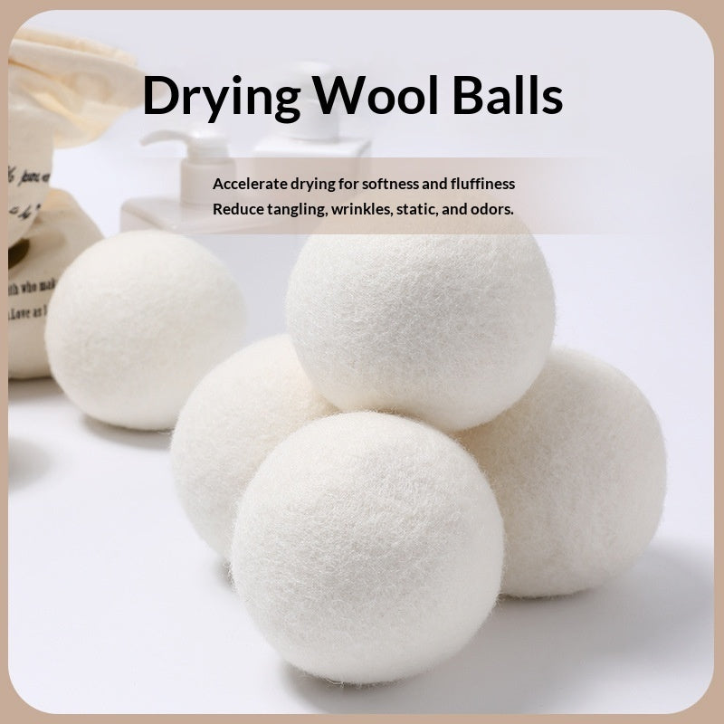 White wool balls for drying with text on a white background