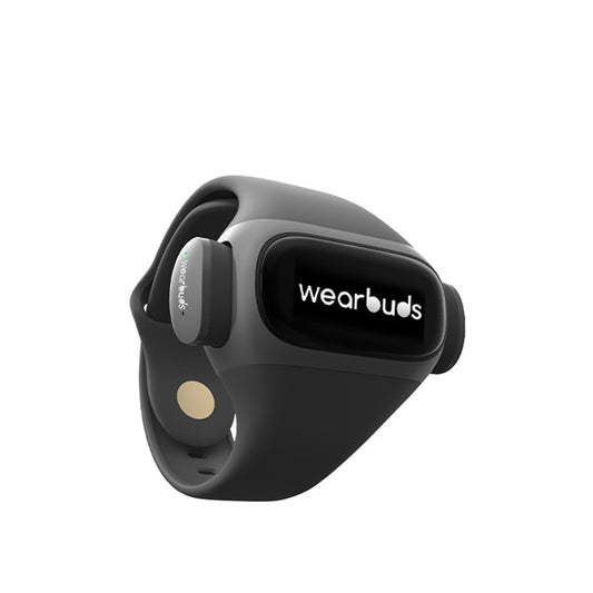 Black earbud with 'wearbuds' branding on a white background