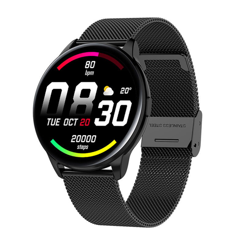 Black smartwatch with a mesh band on a white background