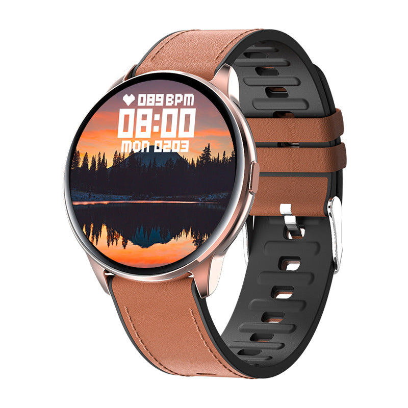Smartwatch with a brown and black band on a white background