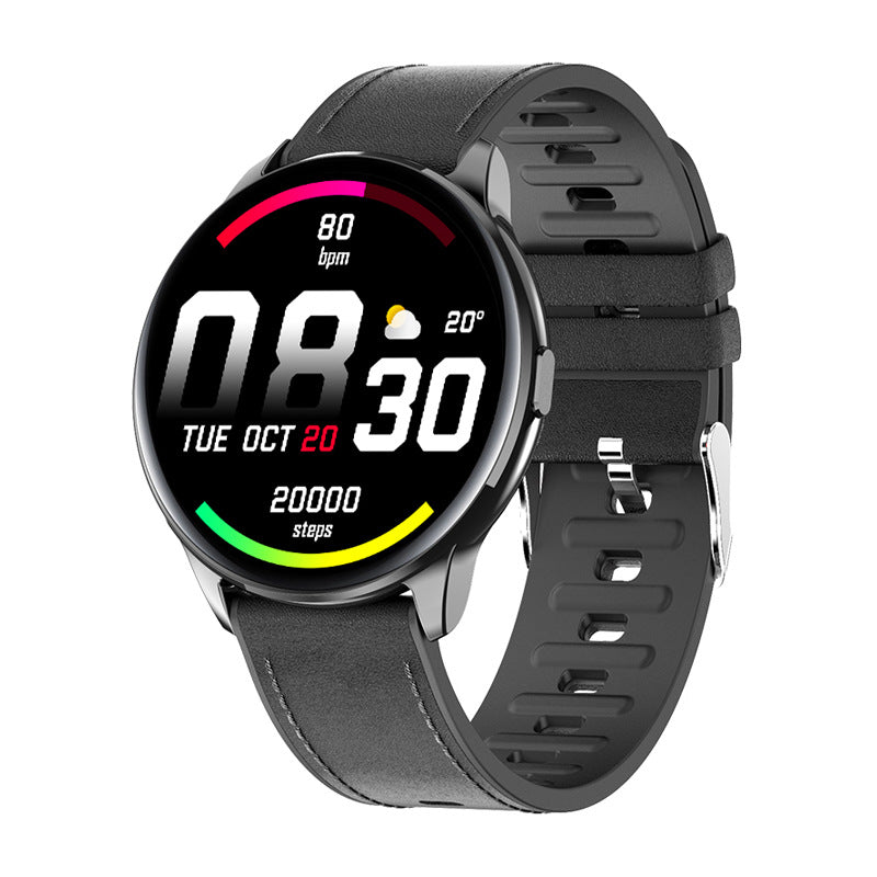 Black smartwatch with a colorful display on a white background
