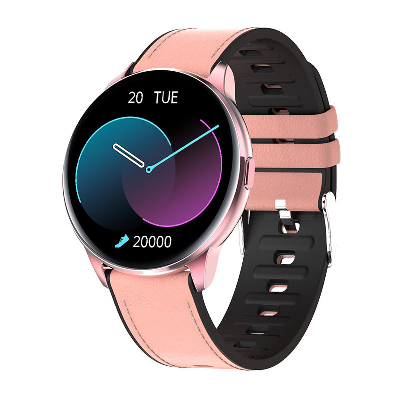 Smartwatch with a dual-tone pink and black band on a white background