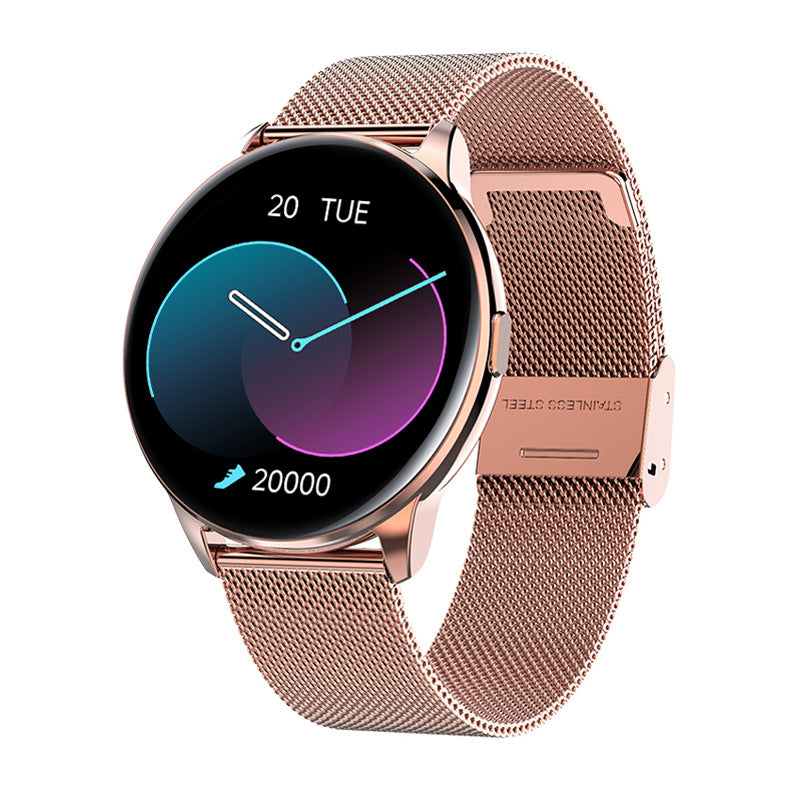 Rose gold smartwatch with a mesh band on a white background