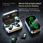 Wireless earbuds with charging case on a circuit board background