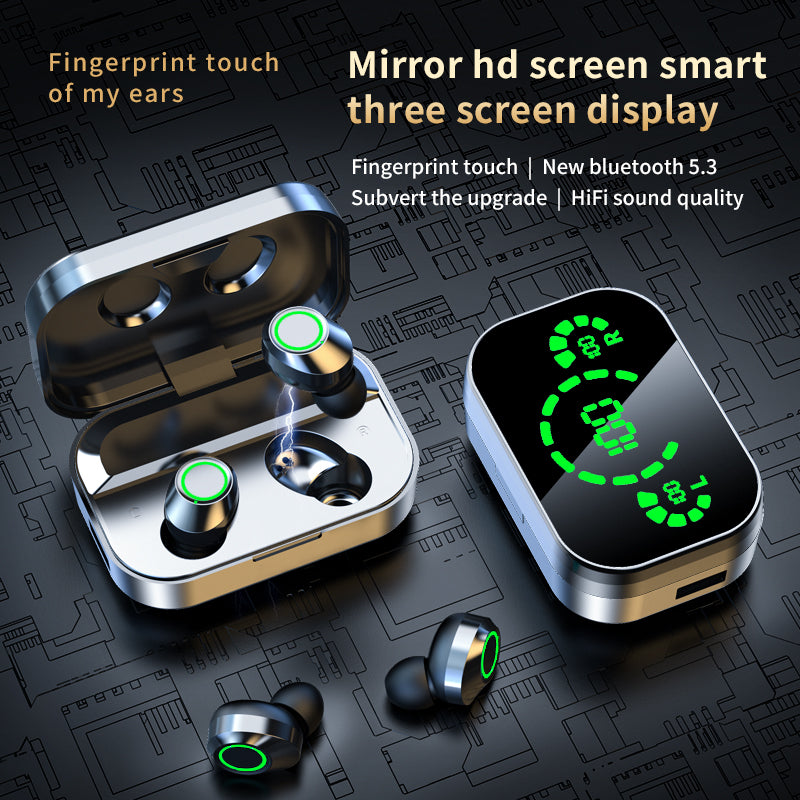 Wireless earbuds with charging case on a circuit board background