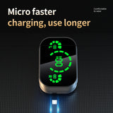 Digital display with green text on a black background, featuring text 'Micro faster charging, use longer'.