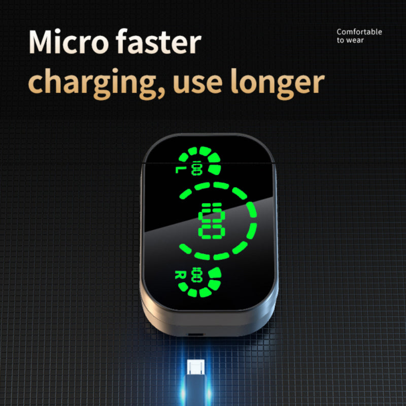 Digital display with green text on a black background, featuring text 'Micro faster charging, use longer'.
