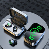 Wireless earbuds with charging case and digital display on a dark background