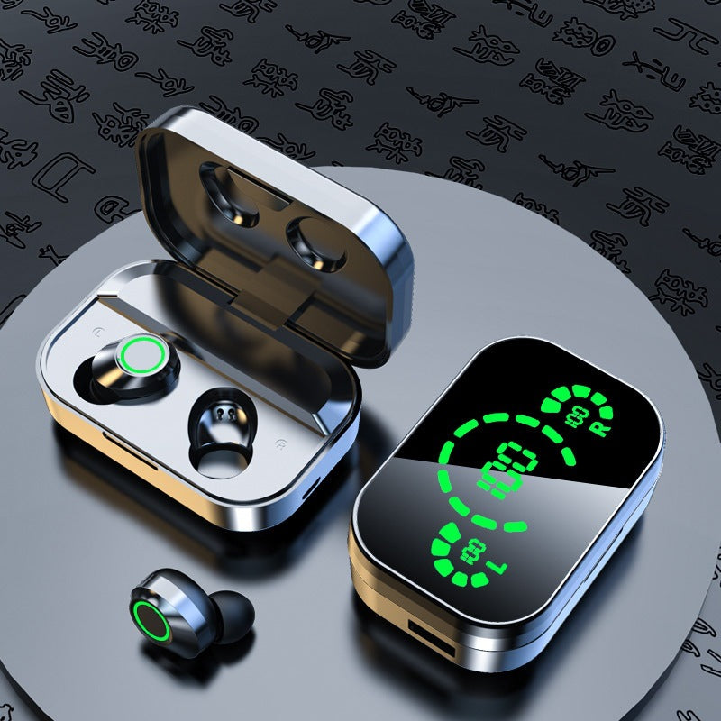 Wireless earbuds with charging case and digital display on a dark background