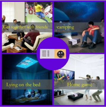 Collage of a projector in various settings with text indicating uses like camping, home games, and lying on the bed.