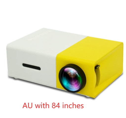 Yellow and white projector on a white background with text indicating screen size.