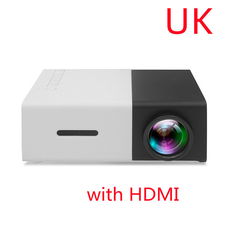 Projector with HDMI connection on a white background, labeled 'UK'.