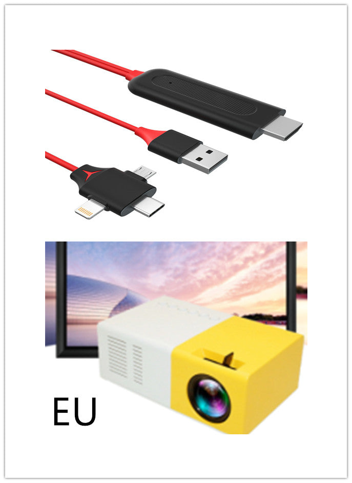 Yellow projector with cables and adapter on a white background