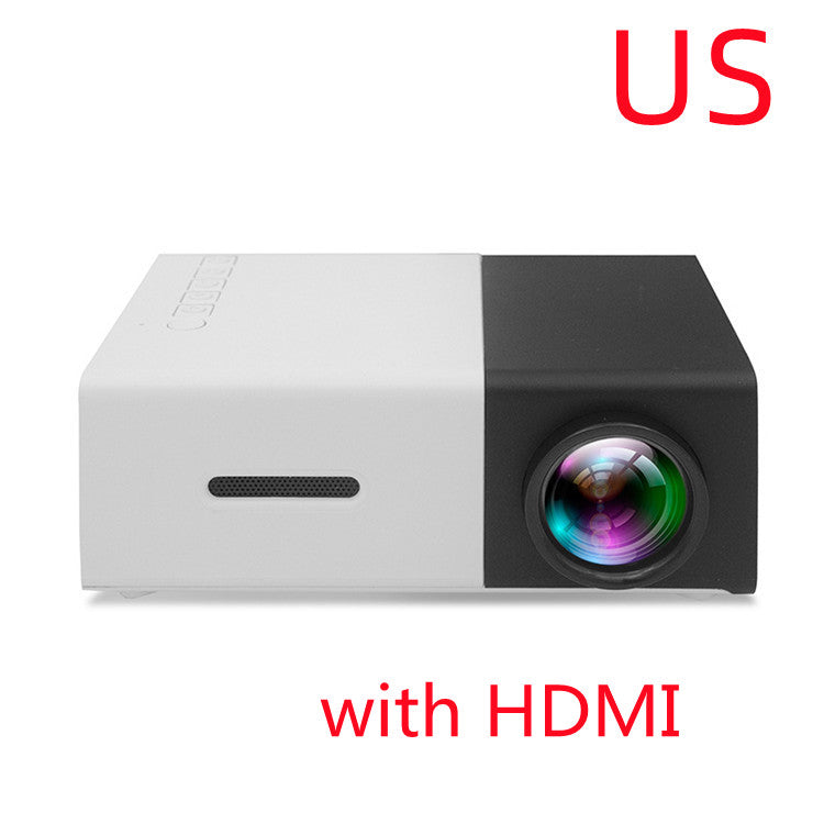 Small projector with HDMI connection on a white background, labeled 'US' and 'with HDMI'.