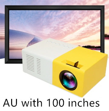 Yellow and white projector with screen displaying a colorful landscape.