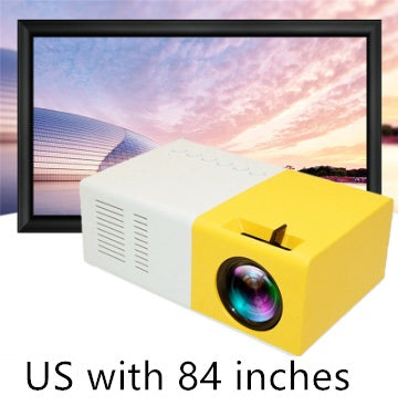 Yellow and white projector with a screen displaying a colorful landscape.