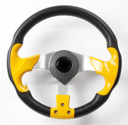 Steering wheel with black and yellow design on a white background