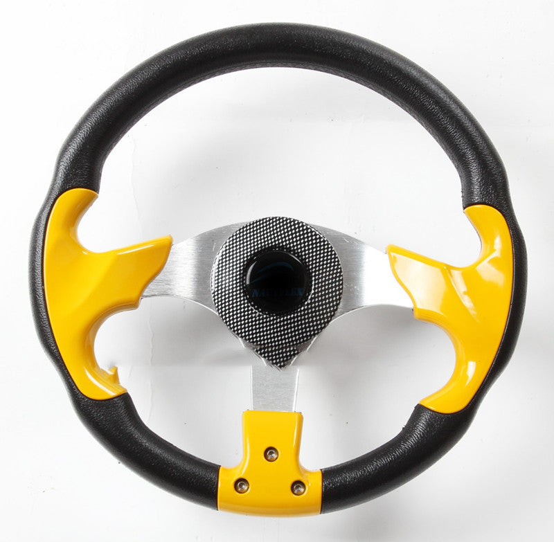 Steering wheel with black and yellow design on a white background