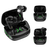 Black wireless earbuds with charging case on a white background