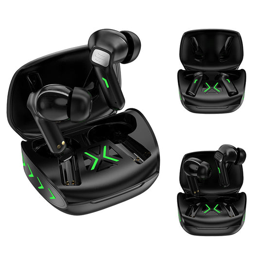 Black wireless earbuds with charging case on a white background