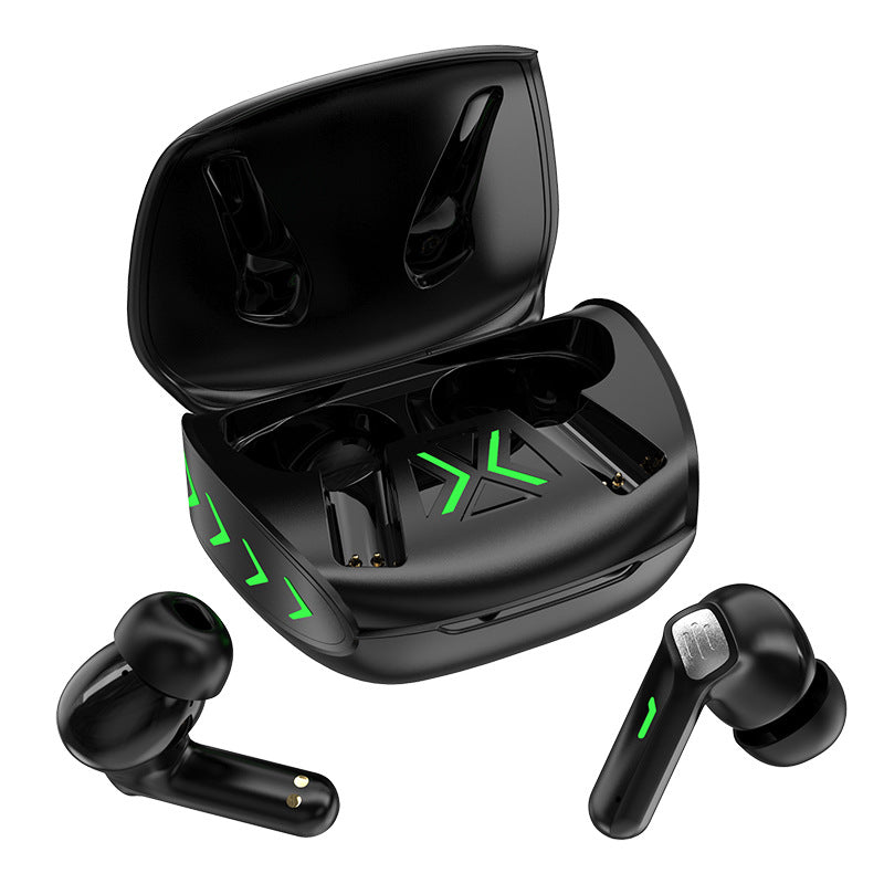 Black wireless earbuds with charging case on a white background