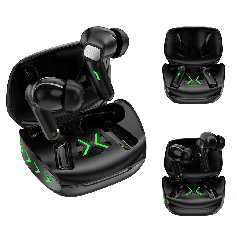 Black wireless earbuds with charging case on a white background