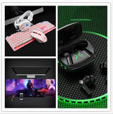Collage of gaming accessories including keyboard, mouse, headset, and earbuds on a dark surface with green accents.