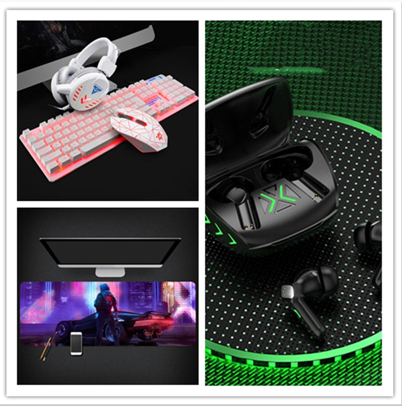 Collage of gaming accessories including keyboard, mouse, headset, and earbuds on a dark surface with green accents.