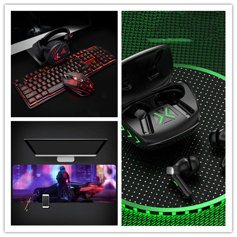 Collage of gaming accessories including headphones, keyboard, mouse, monitor, and earbuds on a black and green surface.