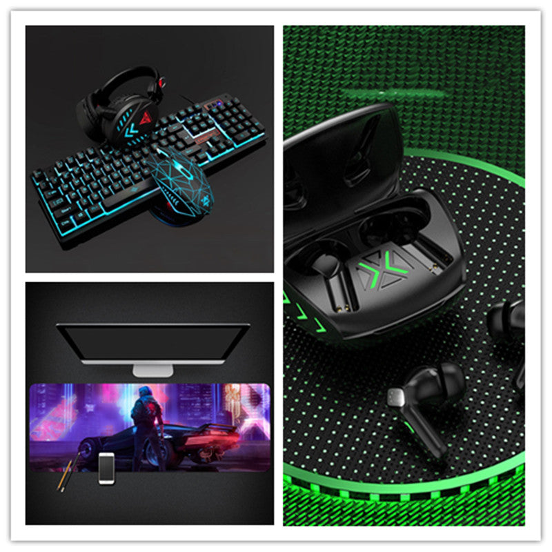 Collage of gaming accessories including keyboard, headset, monitor, and earbuds on a dark surface with green accents.