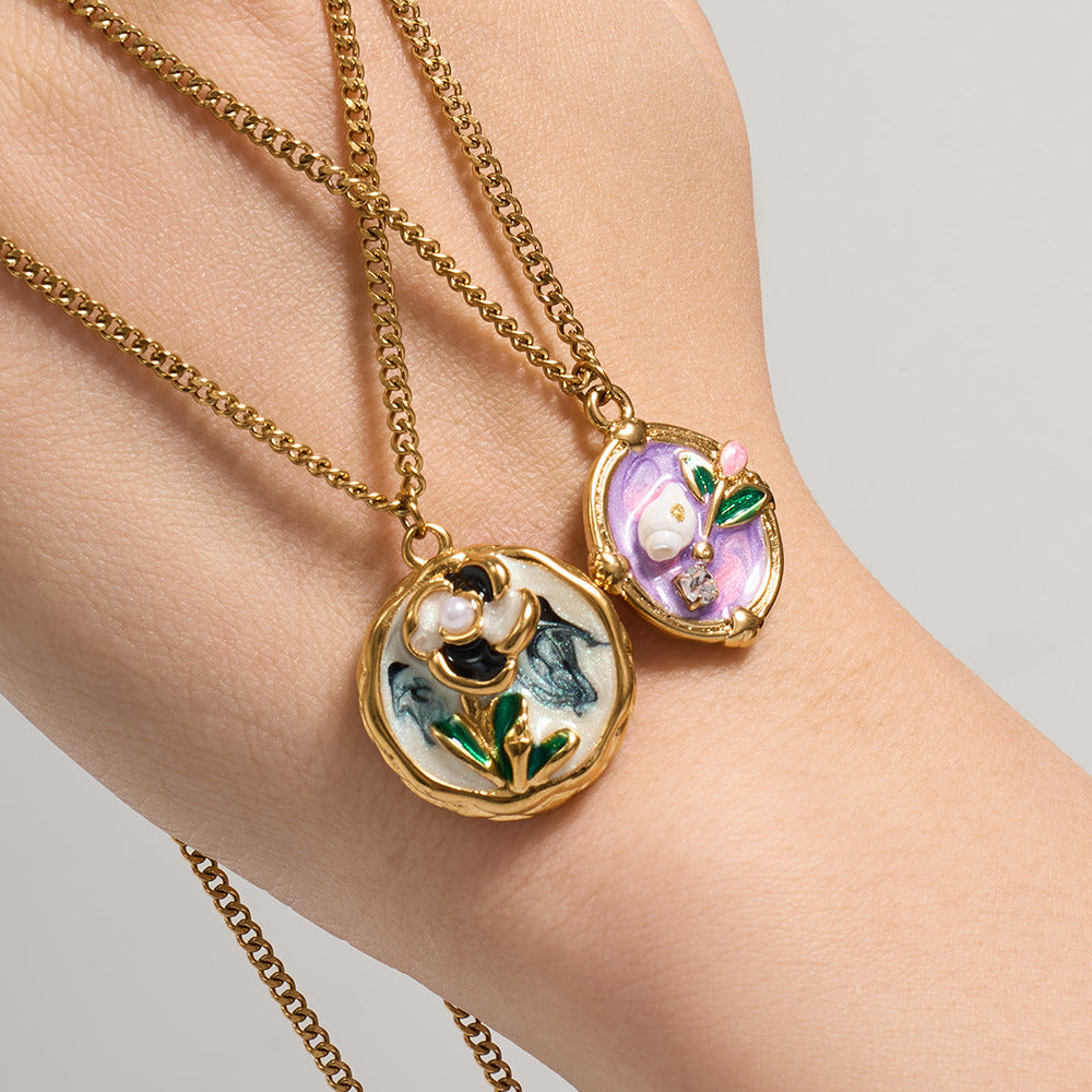 Retro Romantic Enamel-Painted Oil-Style Floral Necklace For Women