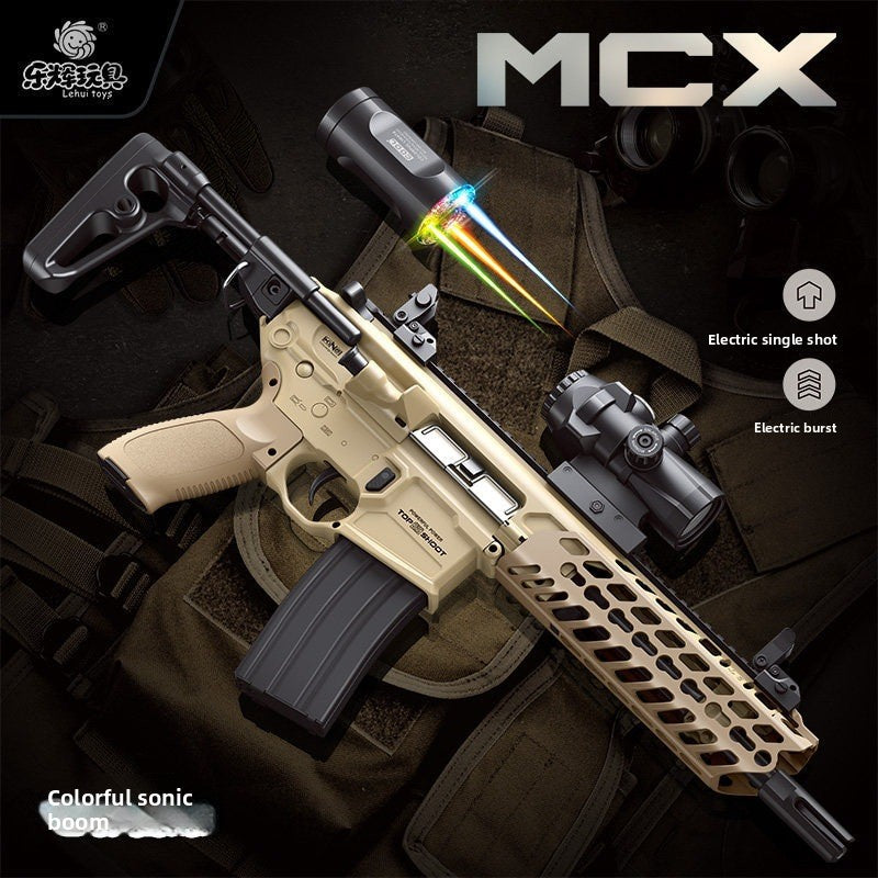 An MCX electric single-shot toy rifle in tan and black, displayed with a flashlight accessory on a tactical vest background. The image includes text overlays 'MCX' and 'Colorful sonic boom' along with feature icons.
