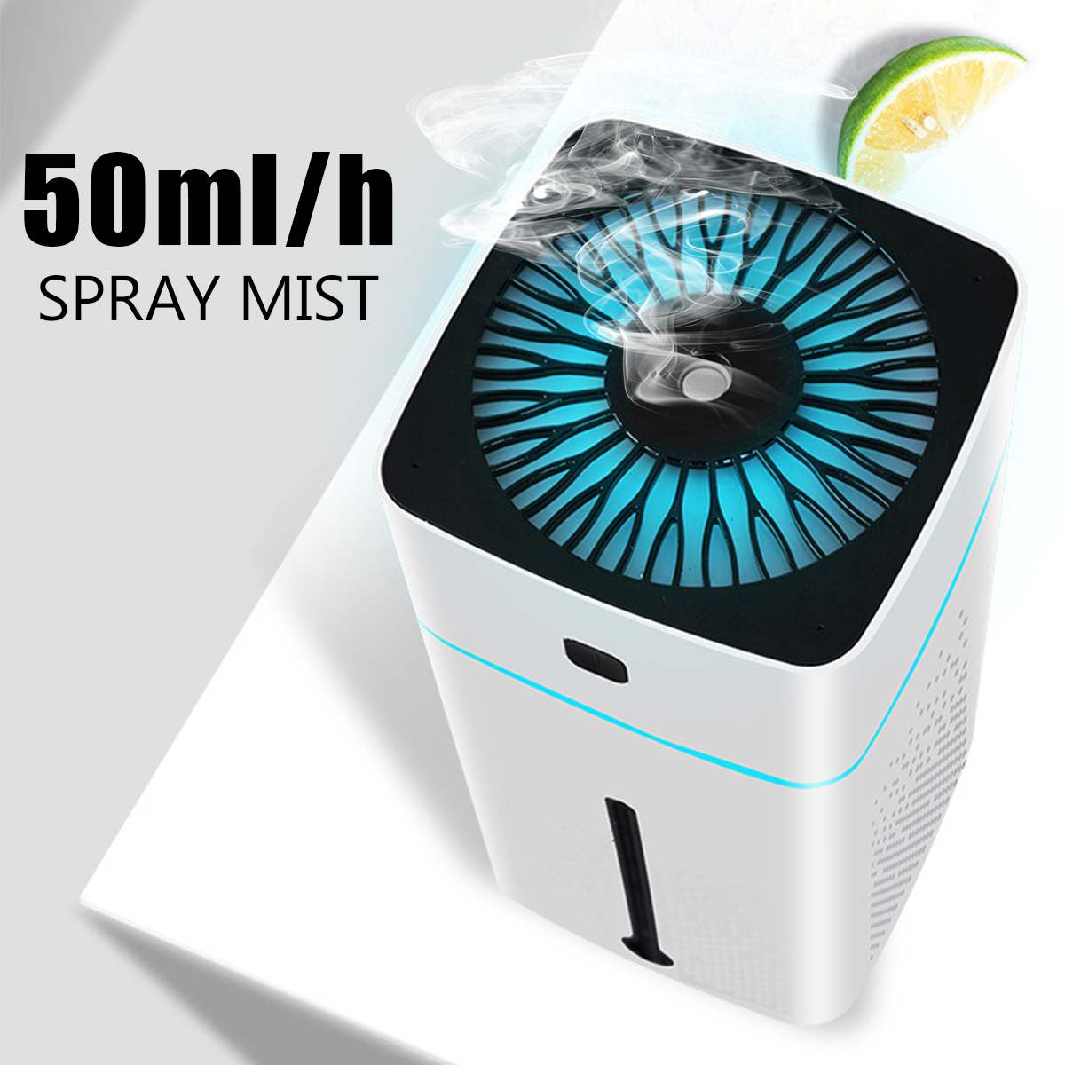 Air humidifier with blue light on a white background