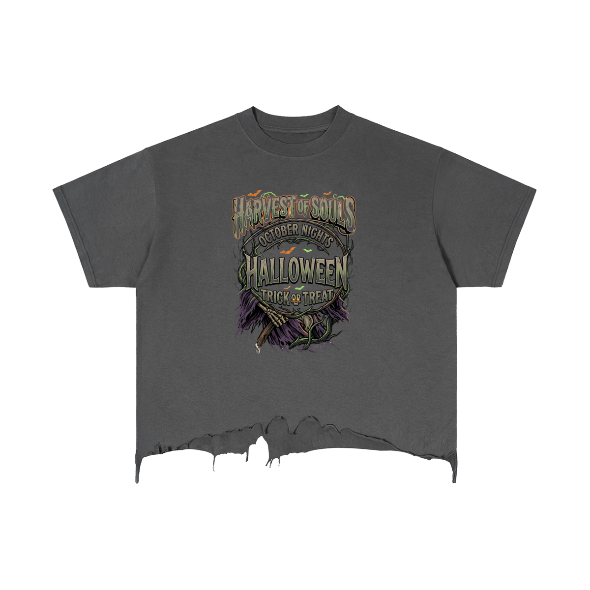 Vintage Wash Boxy Distressed Hem T-Shirt Harvest Of Souls Halloween