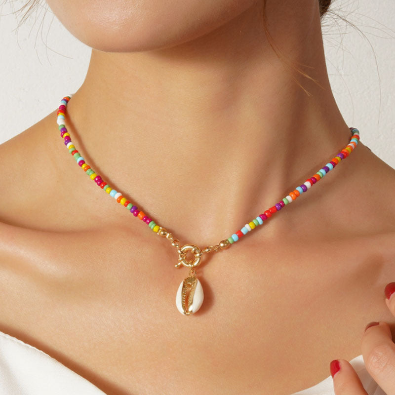 Colorful Rice Bead Shell Pendant Necklace For Women
