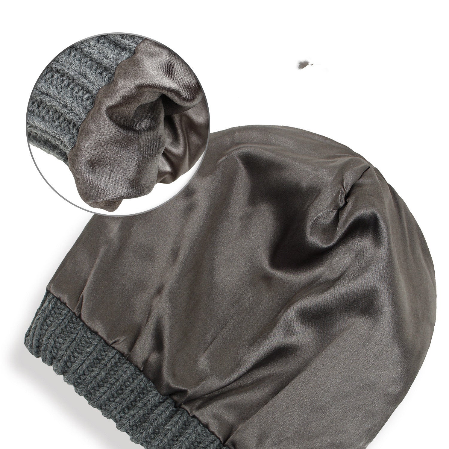 Brown satin bonnet with gray knit top on a white background