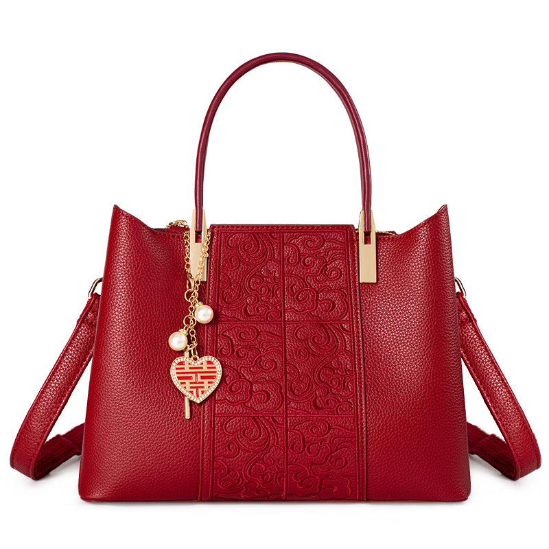 Embroidered Red High-Capacity Tote Bag Large Festive Shoulder Bag