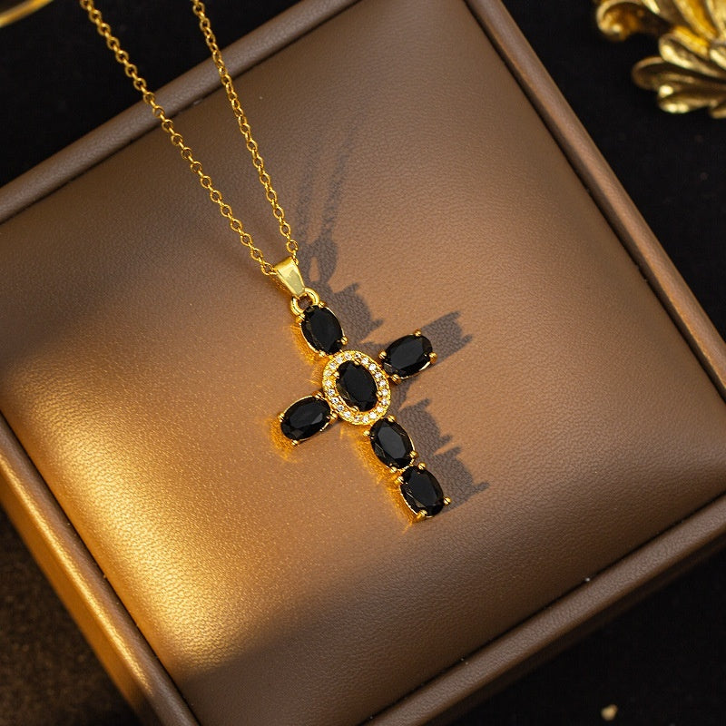 European And American Style Fashionable Colorful Zircon Cross Necklace For Women, Luxurious Look