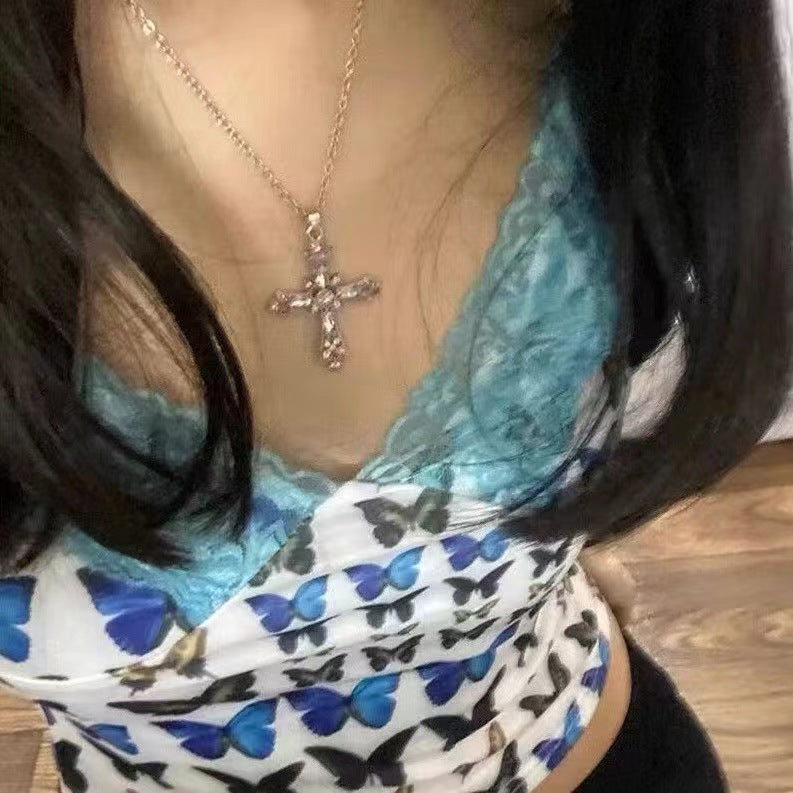 Gothic Y2K Rhinestone Cross Pendant Necklace Vintage Punk Jewelry