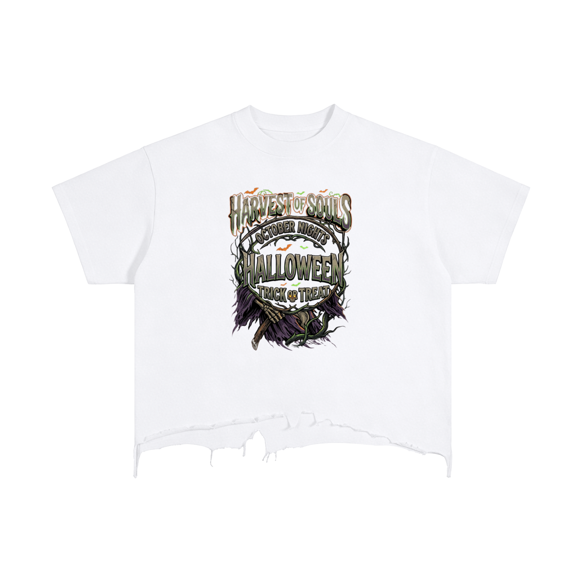 A white short-sleeve t-shirt with a distressed, frayed hem, featuring a central graphic print that reads 'Harvest the Souls to Pay for the Sin of Man' and 'Halloween Eve of Truth' in a textured, vintage font with a dark, spooky illustration below.